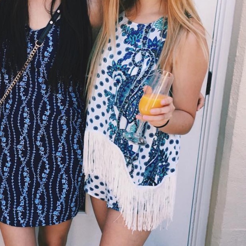 LF house of three Blue and white floral print fringe romper